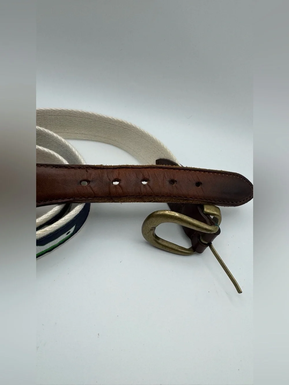 Vintage YRI Exeter NH Surcingle Belt Leather Brass Navy Green White Size 42